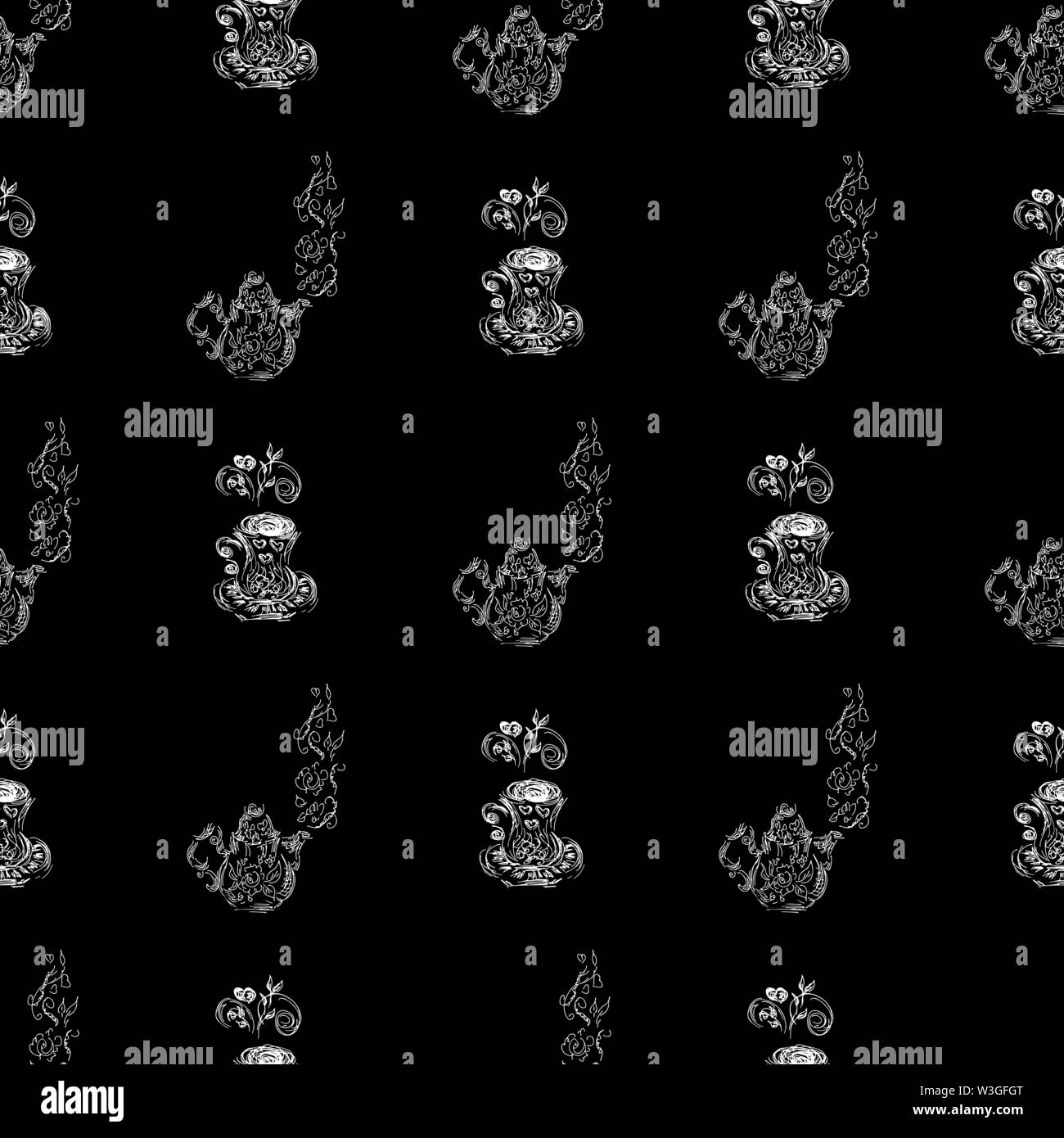 Seamless pattern of teapots and teacups isolated on black background ...