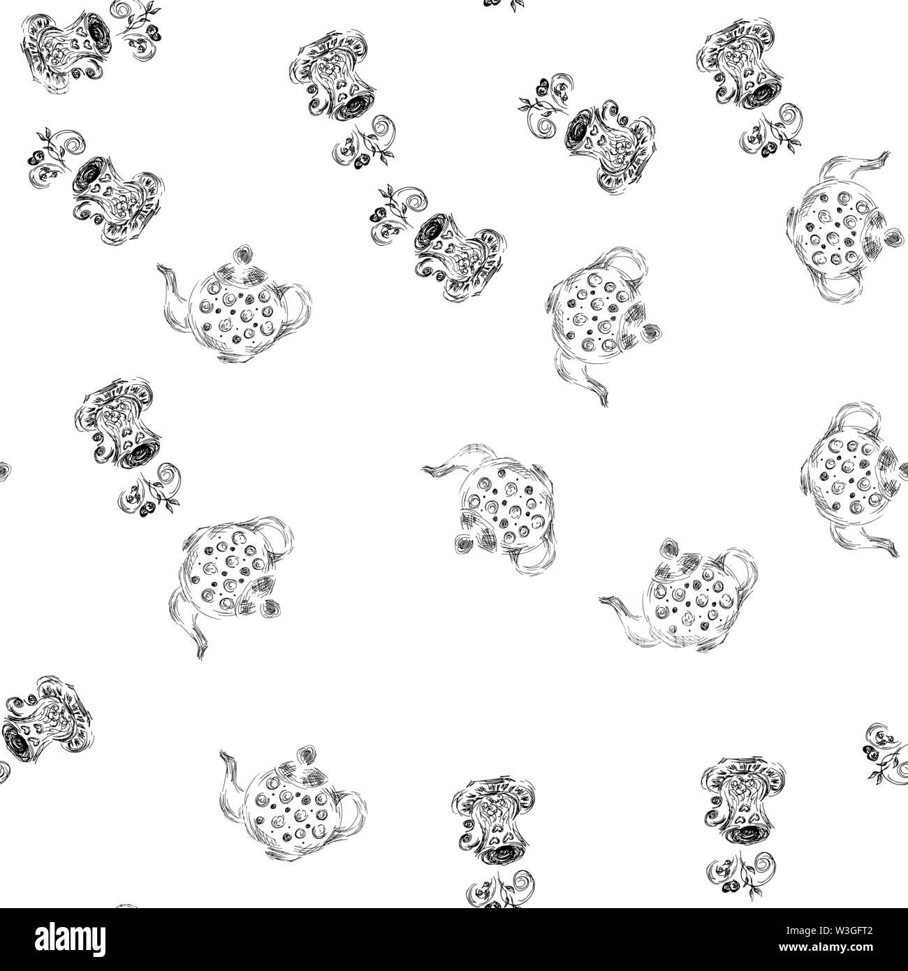 Seamless pattern of teapots and teacups isolated on white background ...