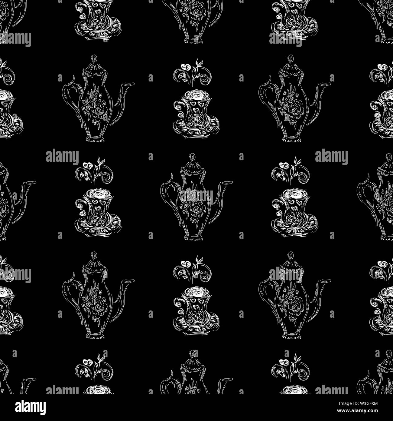 Seamless pattern of teapots and teacups isolated on black background ...