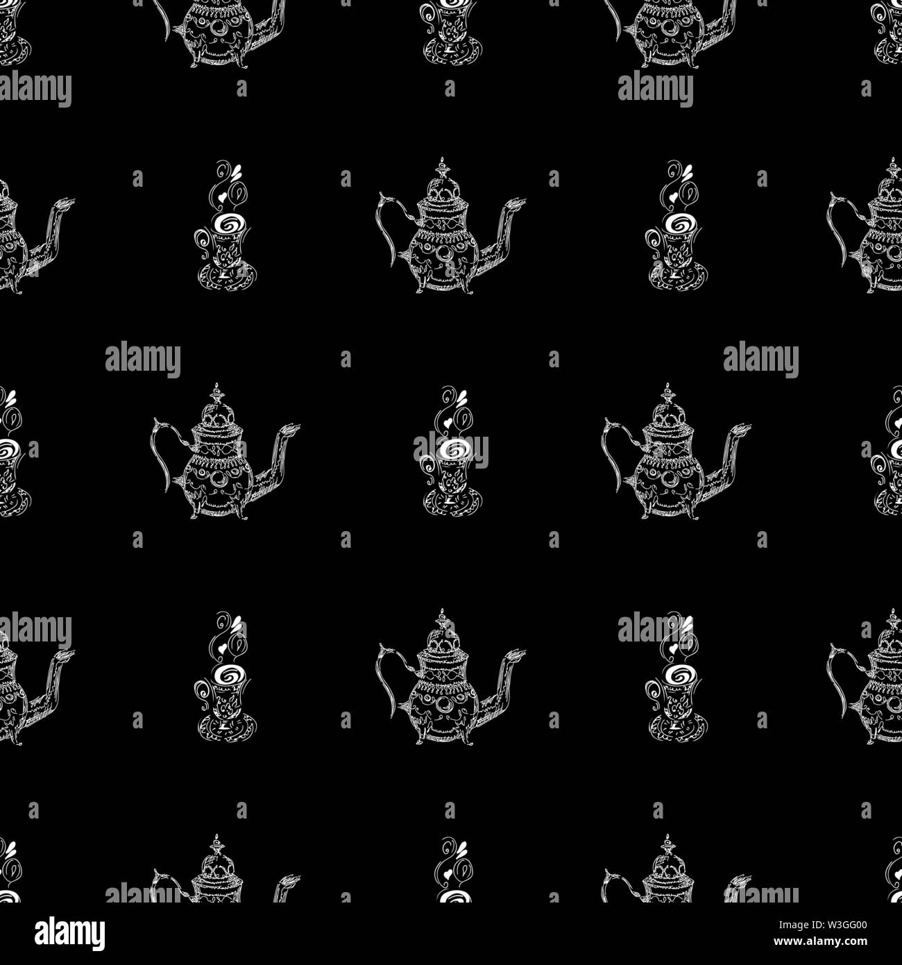 Seamless pattern of teapots and teacups isolated on black background ...