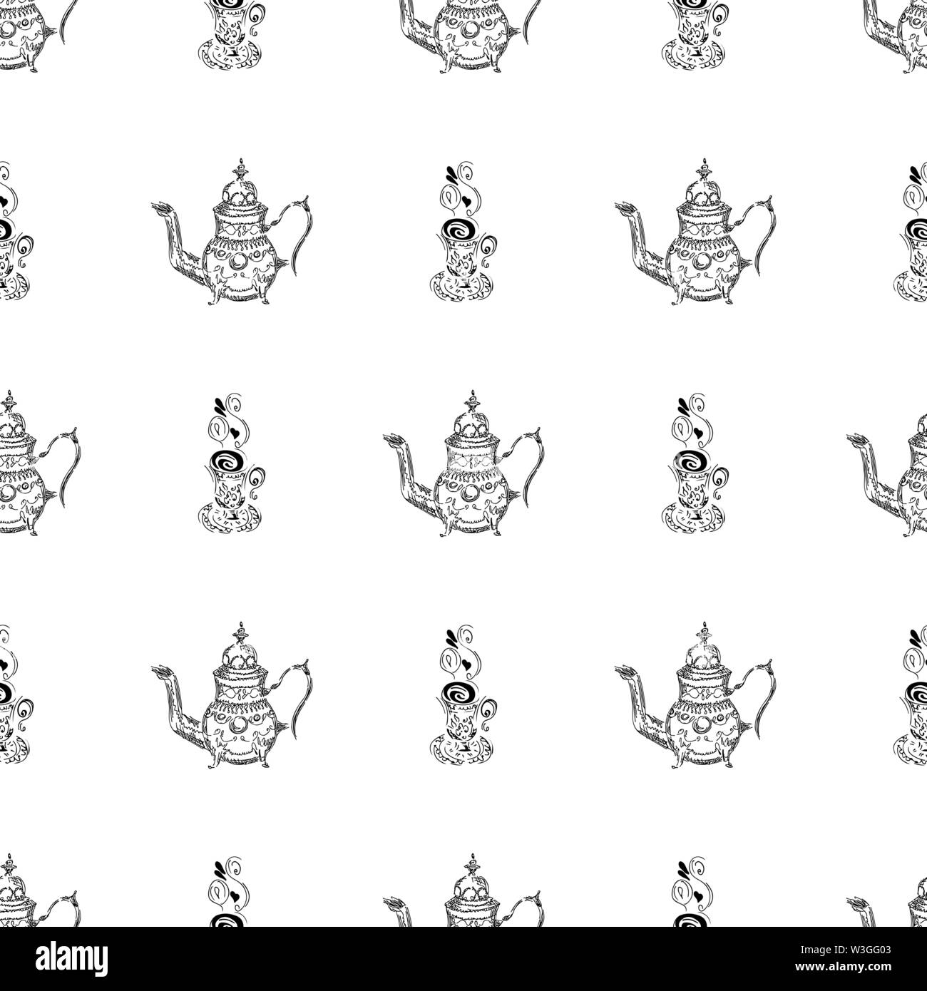 Seamless pattern of teapots and teacups isolated on white background ...