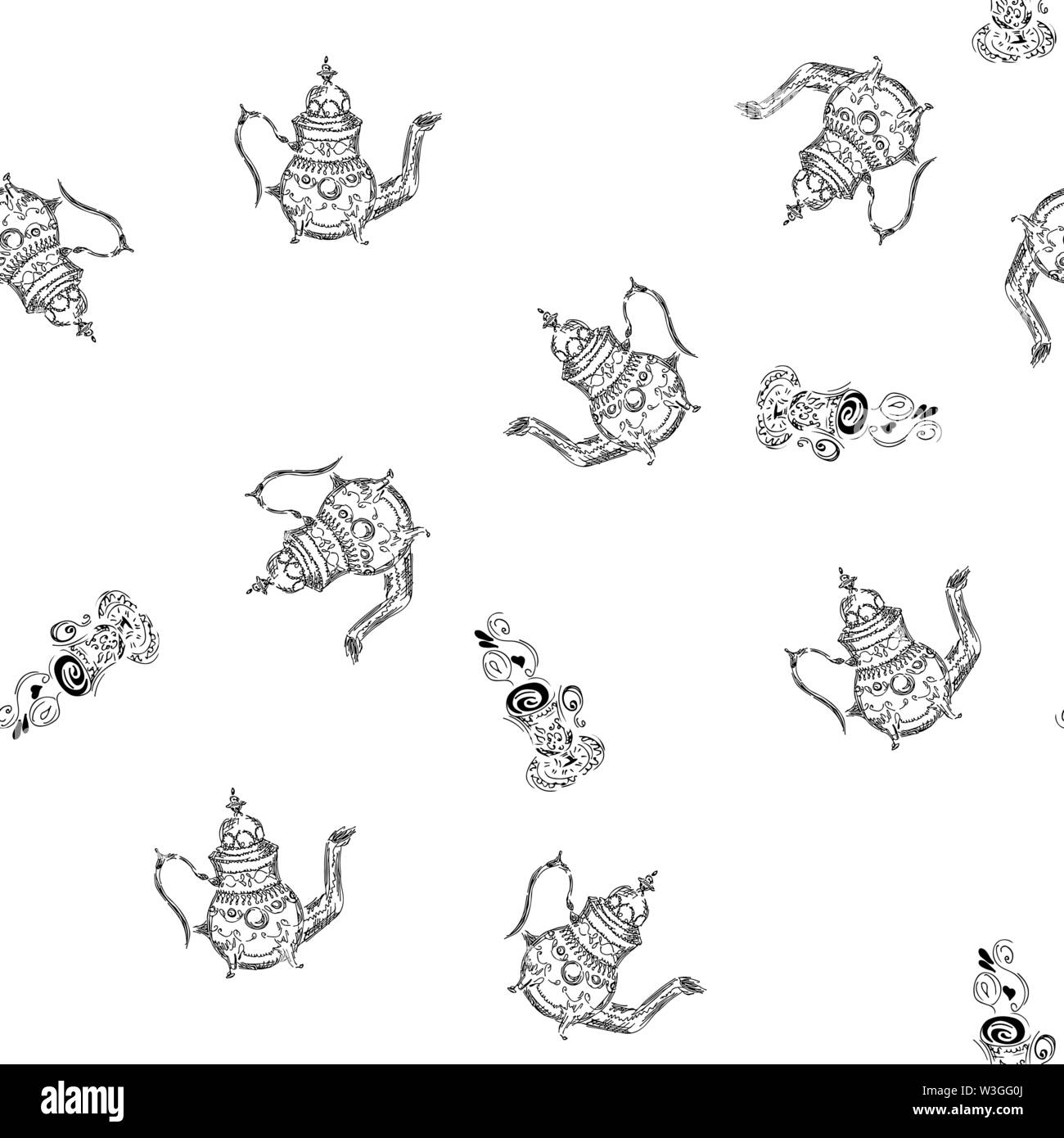 Seamless pattern of teapots and teacups isolated on white background ...
