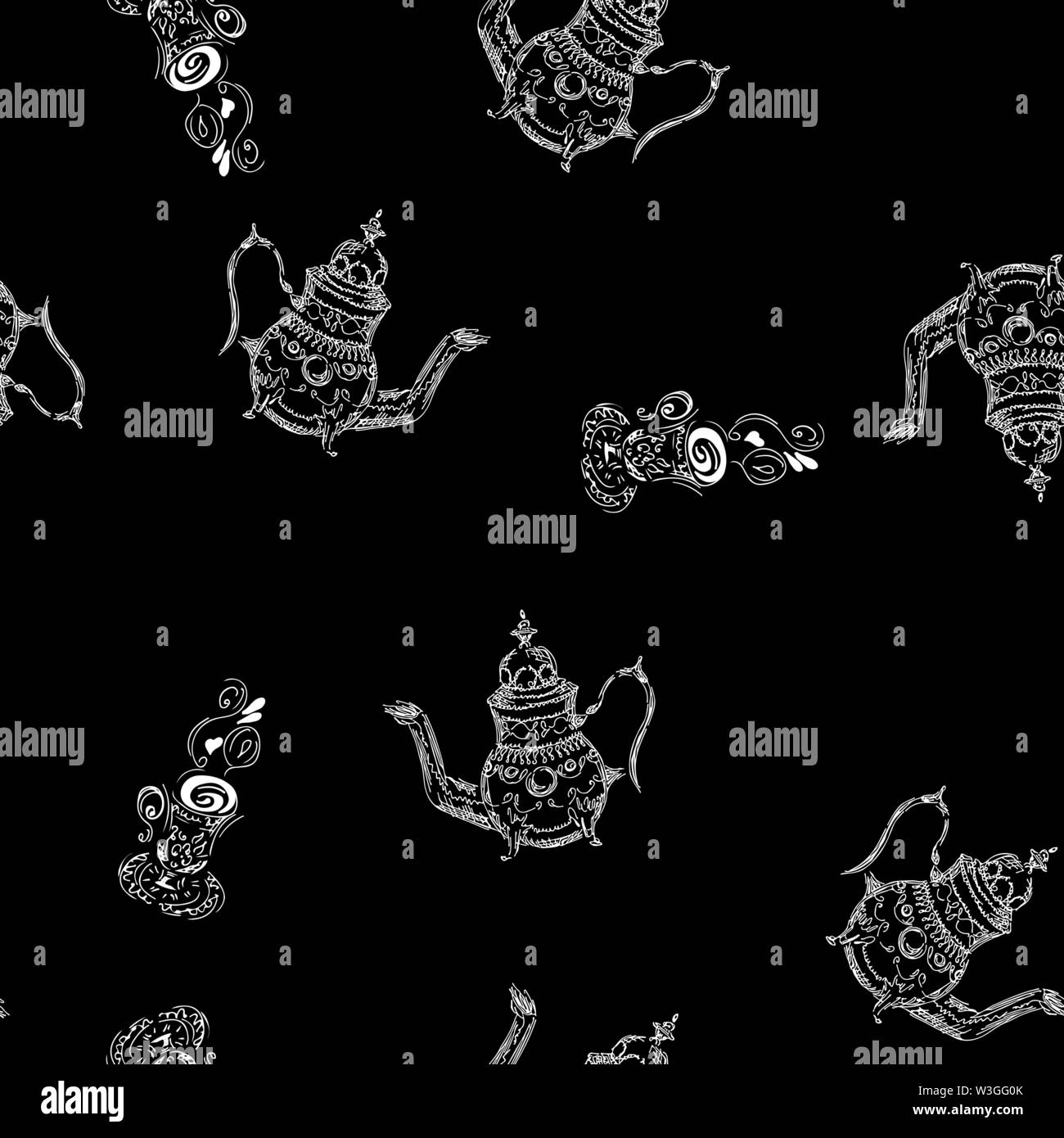 Seamless pattern of teapots and teacups isolated on black background ...