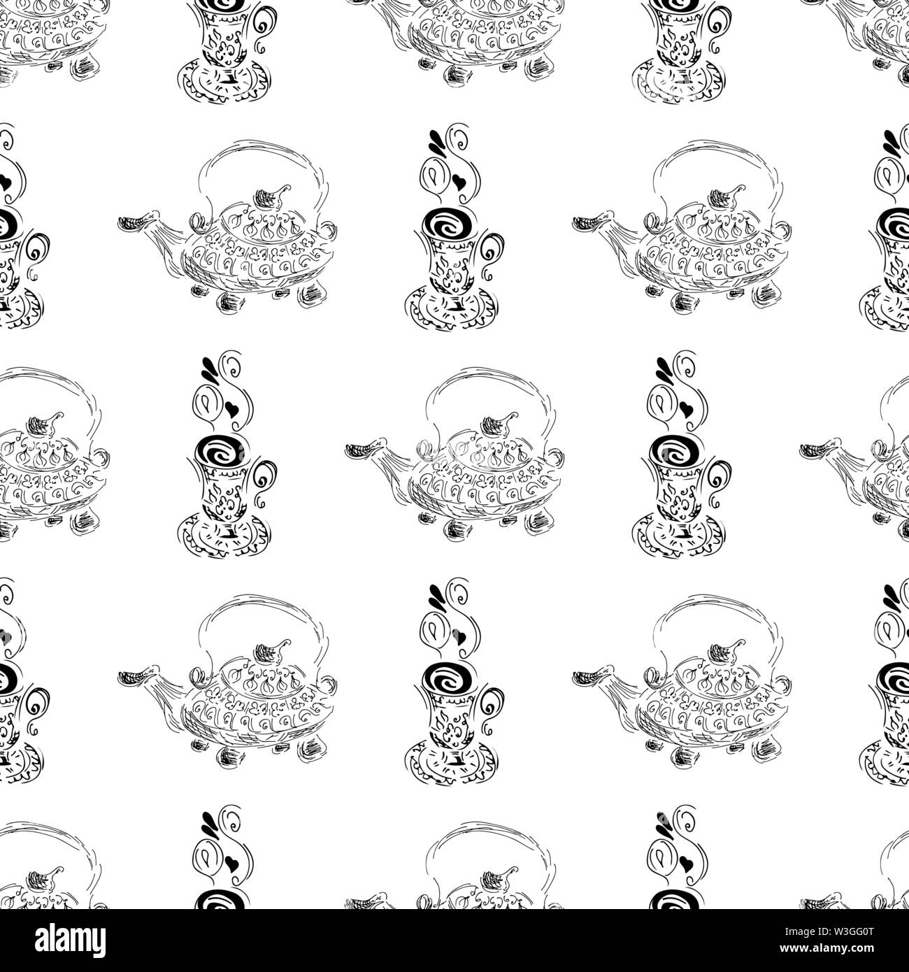 Seamless pattern of teapots and teacups isolated on white background ...