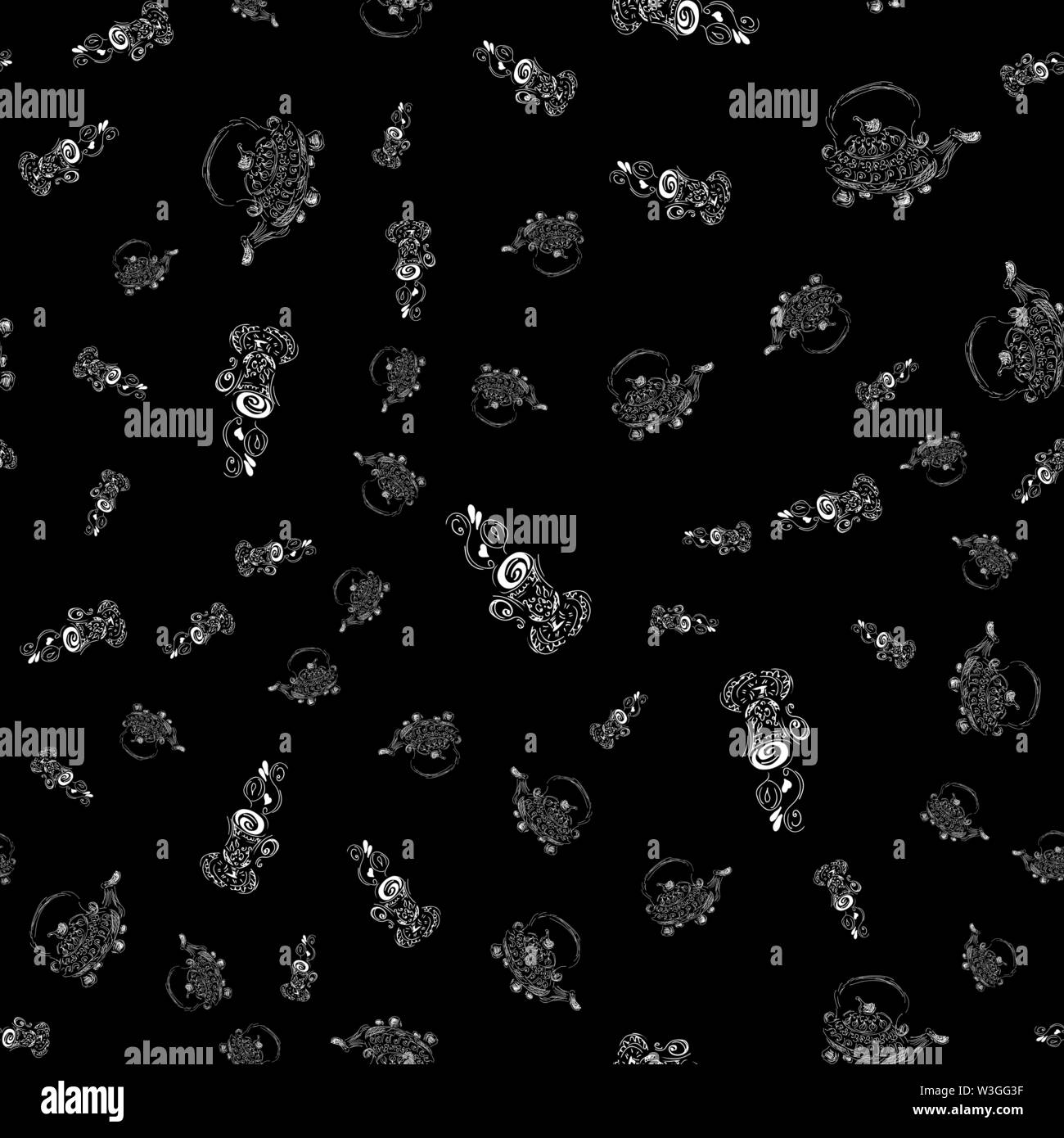 Seamless pattern of teapots and teacups isolated on black background ...