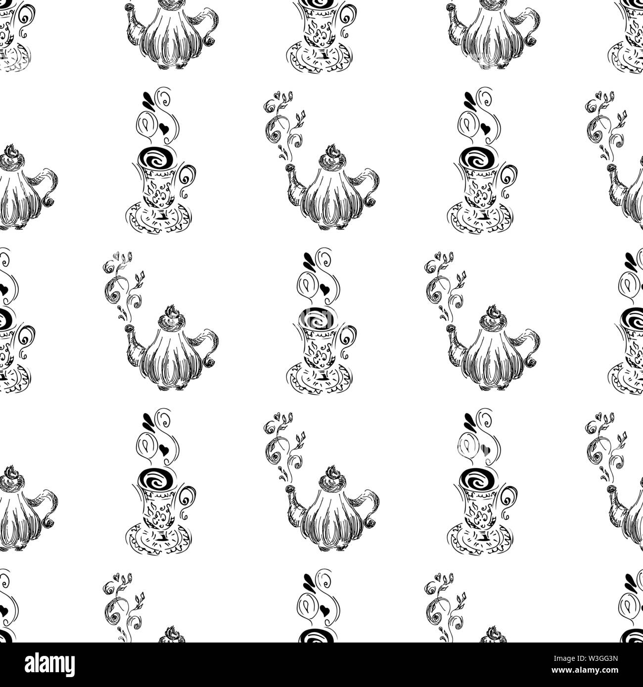 Seamless pattern of teapots and teacups isolated on white background ...