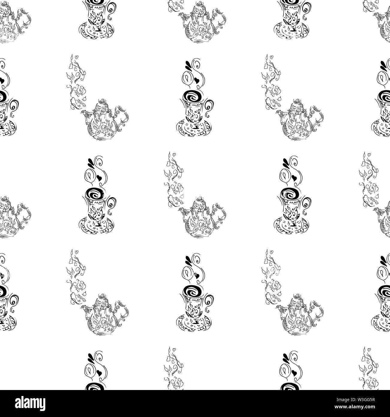 Seamless pattern of teapots and teacups isolated on white background ...