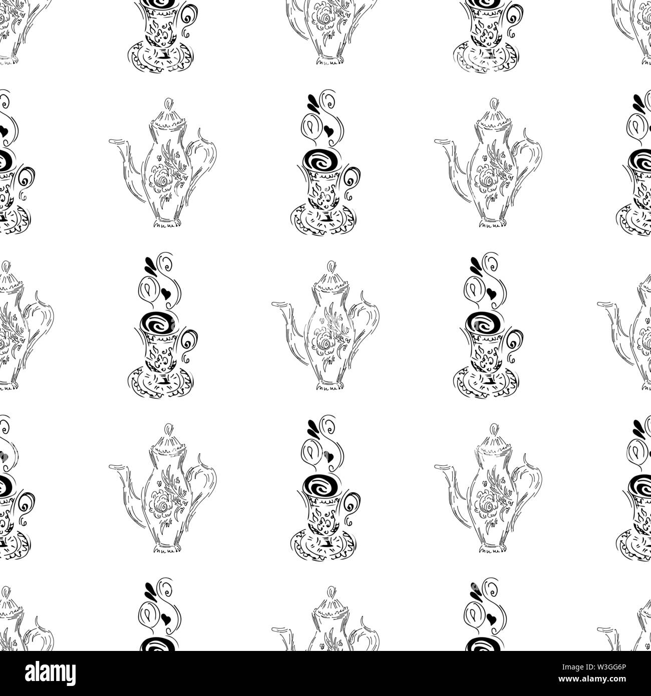 Seamless pattern of teapots and teacups isolated on white background ...