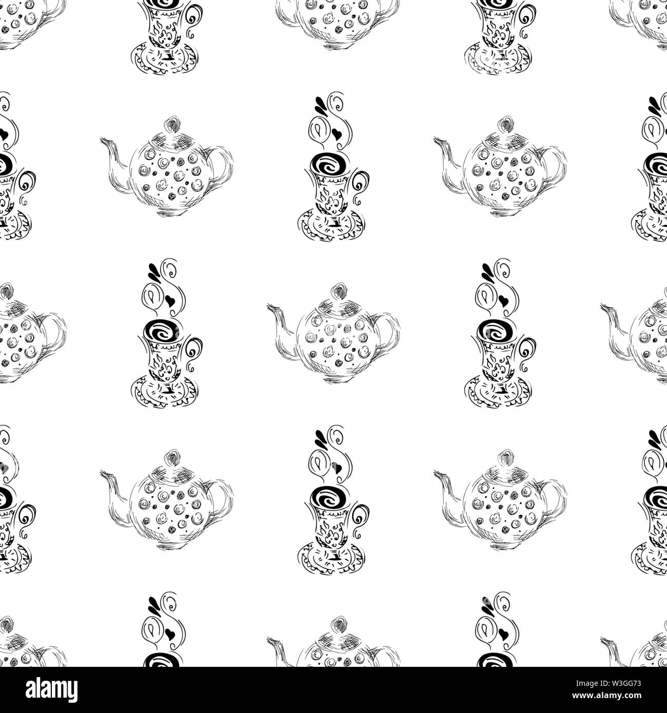 Seamless pattern of teapots and teacups isolated on white background