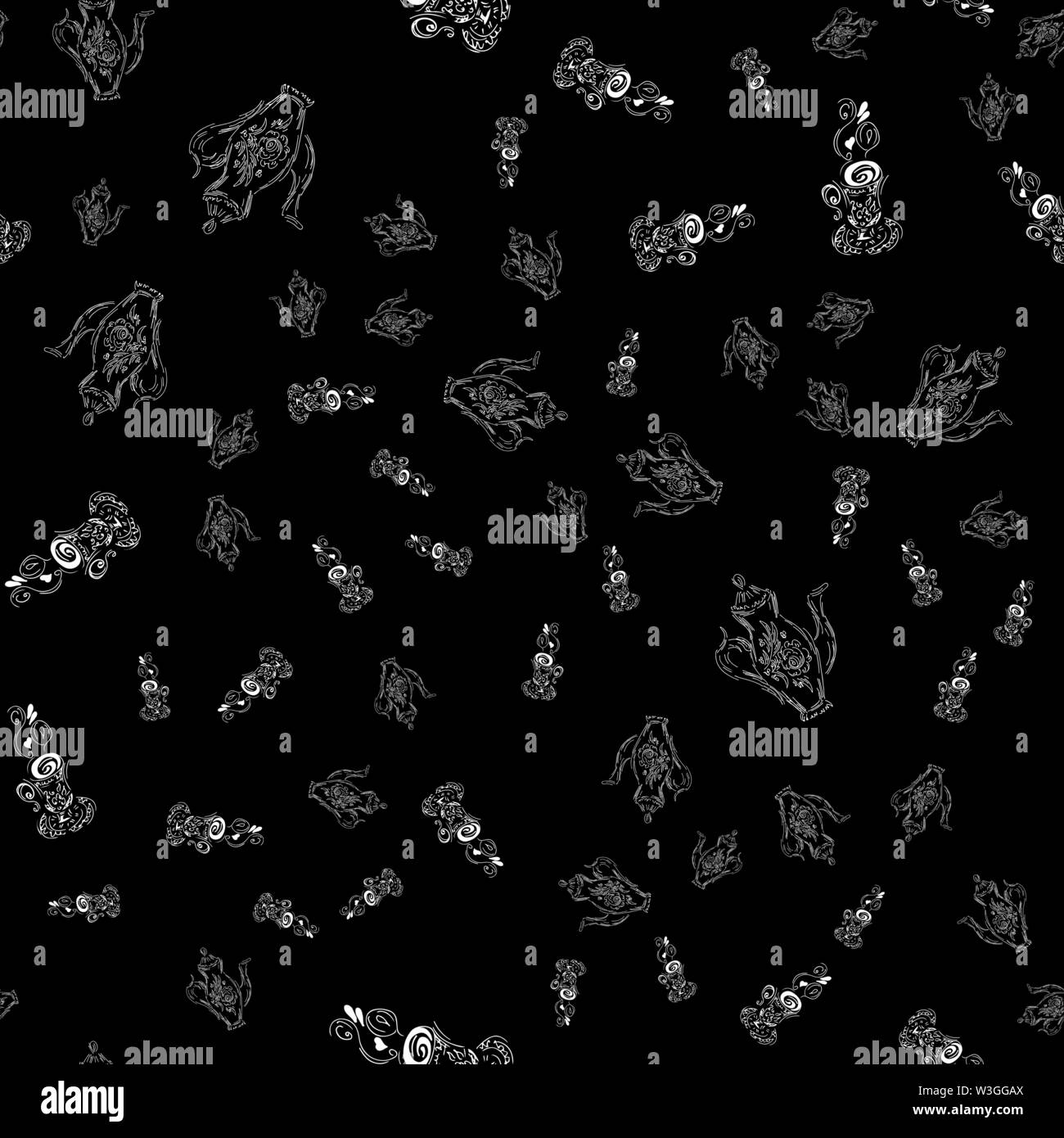 Seamless pattern of teapots and teacups isolated on black background ...