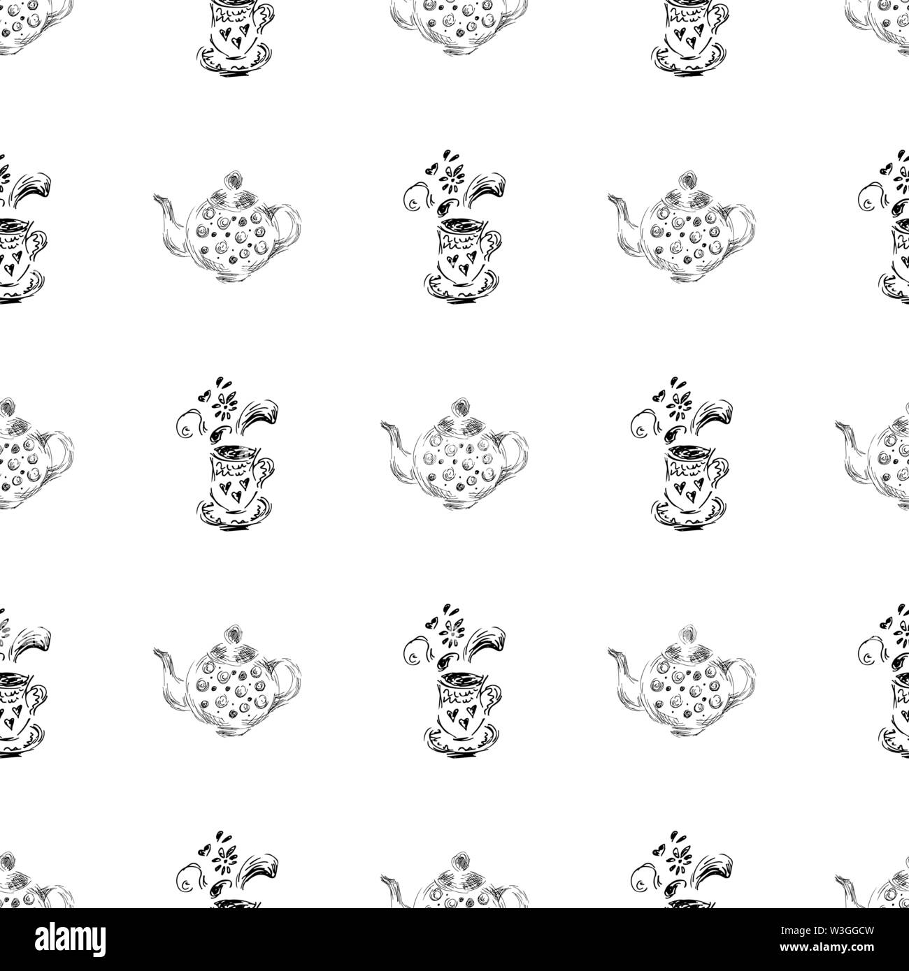 Seamless pattern of teapots and teacups isolated on white background ...
