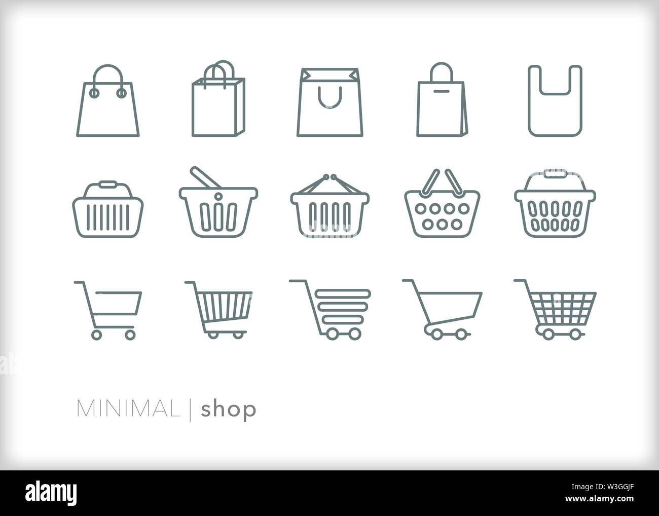 Set of 15 shop line icons carts, bags, and baskets for grocery shopping or checkout Stock Vector