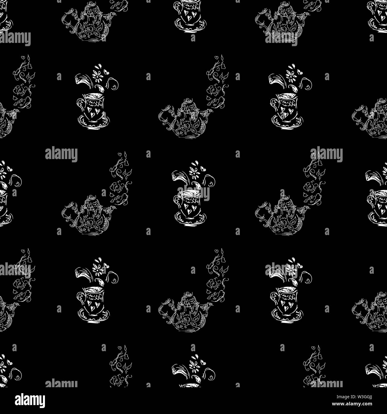 Seamless pattern of teapots and teacups isolated on black background ...