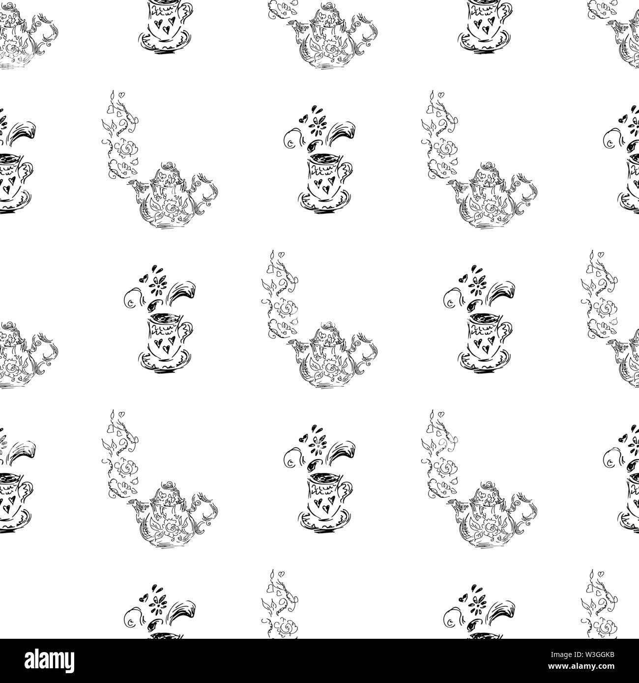 Seamless pattern of teapots and teacups isolated on white background ...