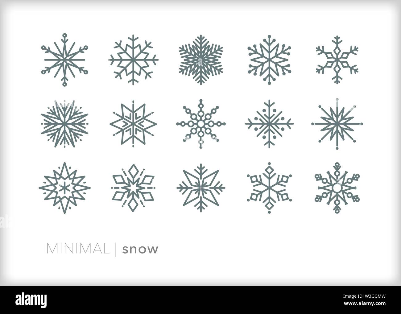 Set of 15 snow line icons of ice crystals in different organic shapes Stock Vector