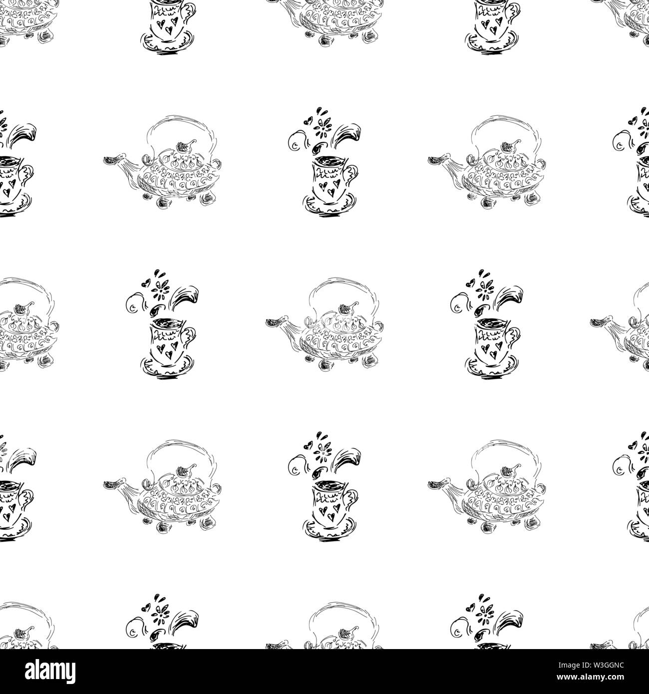 Seamless pattern of teapots and teacups isolated on white background ...