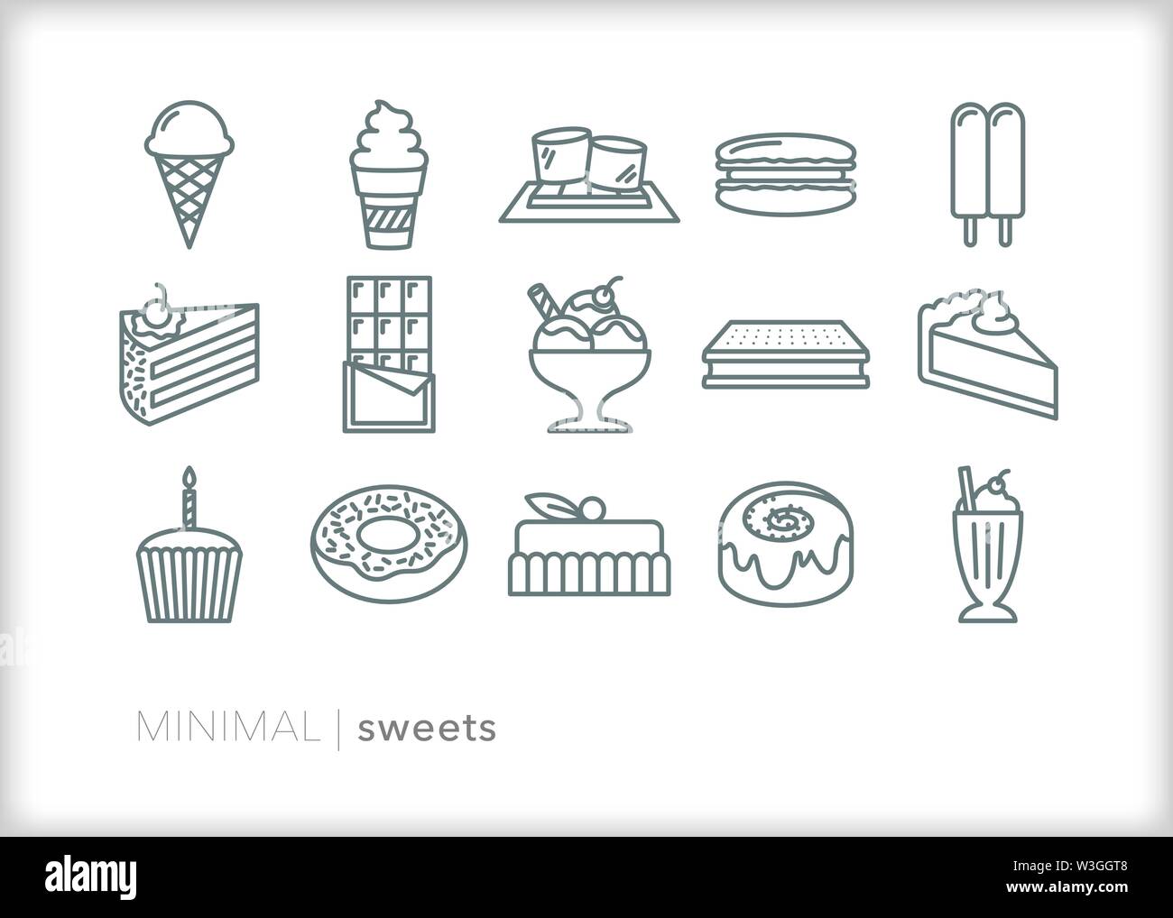 Set of 15 sweet dessert or treat food line icons Stock Vector