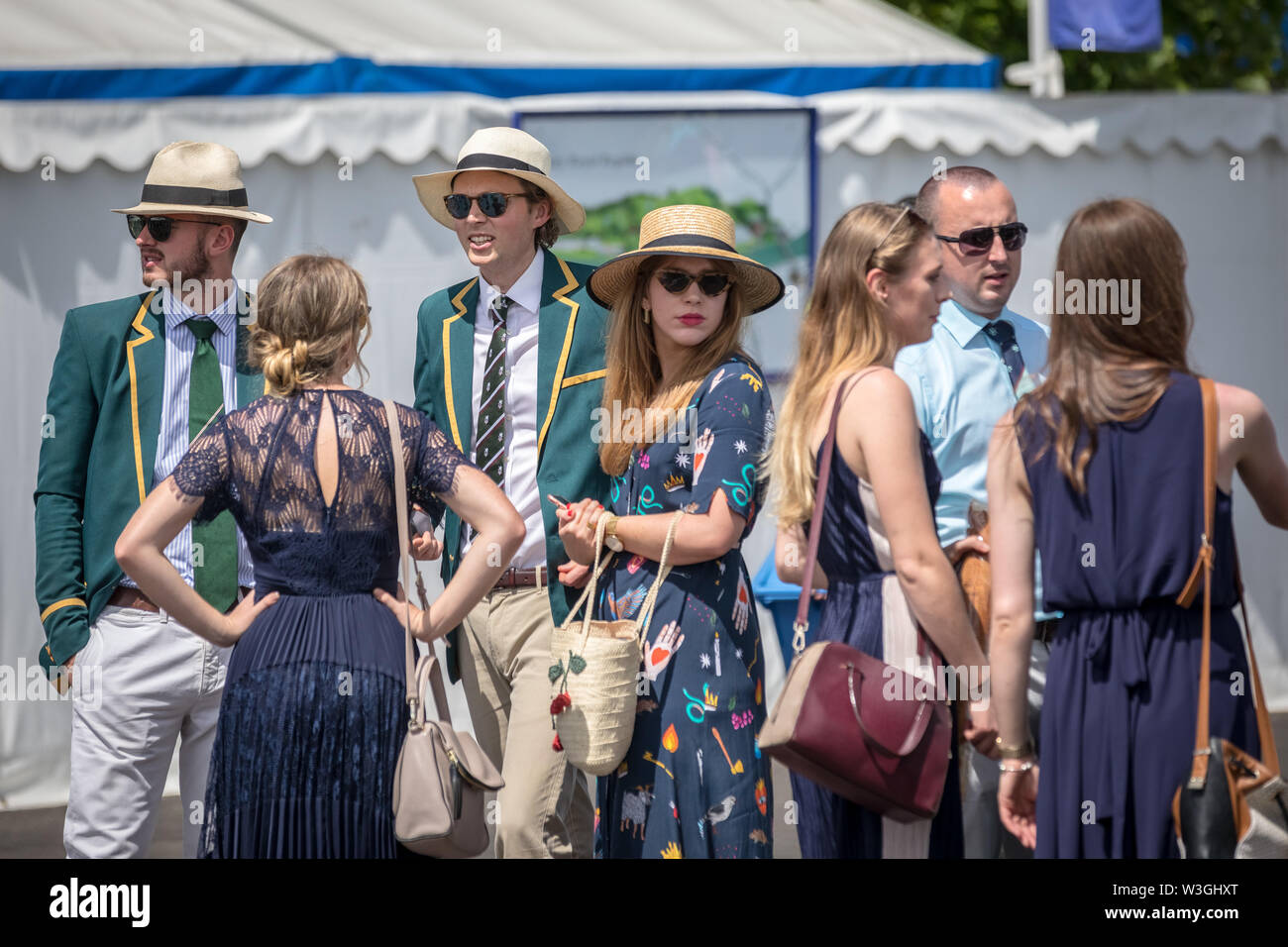 Arriving for Henley Royal Regatta 2019 in Oxfordshire. The five day Henley Royal Regatta is now in its 180th year. The event is one of the highlights of the English social season. UK. Stock Photo