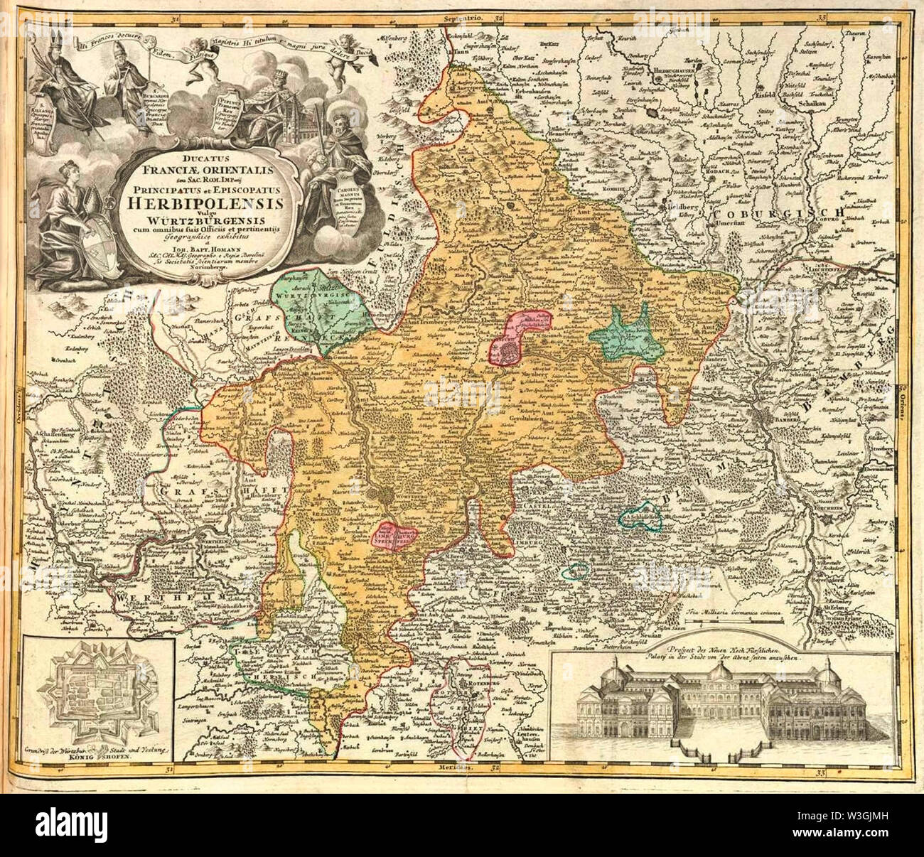 Early 18th century map of the Prince-Bishopric of Würzburg (Latin: Principatus et Episcopatus Herbipolensis) by Johann Baptist Homann. The prince-bishops of Würzburg also bore the title of duke of the Duchy of Franconia (Latin: Ducatus franciae orientalis), which was largely honorific. The red-colored area at the center of the map shows the territory of the Free Imperial City of Sweinfurst. The other area in red is the County of Limpurg–Speckfeld, circa 1720 Stock Photo