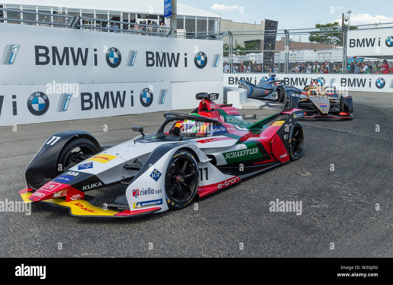 New York, NY - July 14, 2019: General view of electric racing cars during New York City E-Prix 2019 Formula E Round 13 at Red Hook Stock Photo