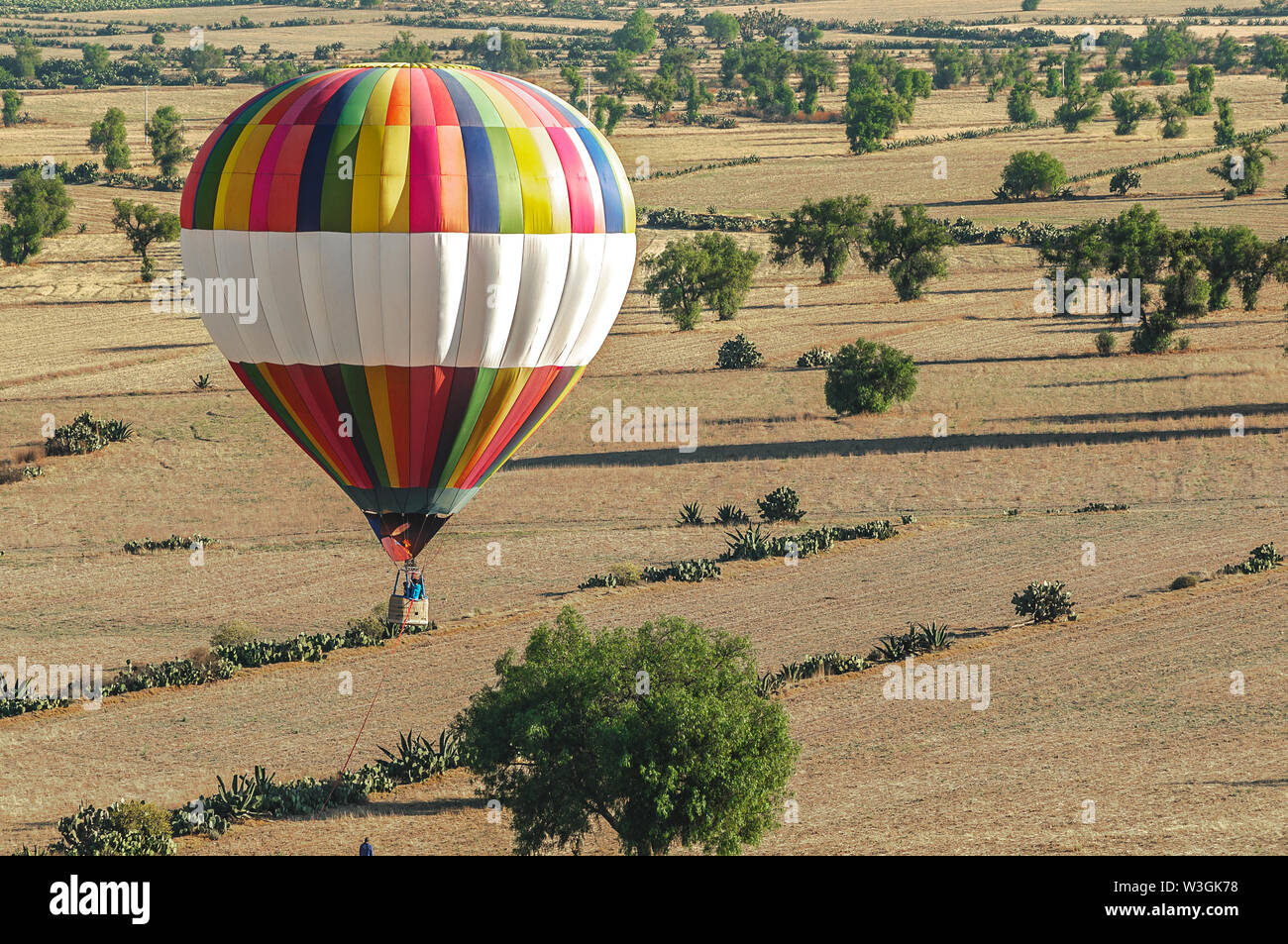 Colorful hot air balloon landing in rural farm field Stock Photo