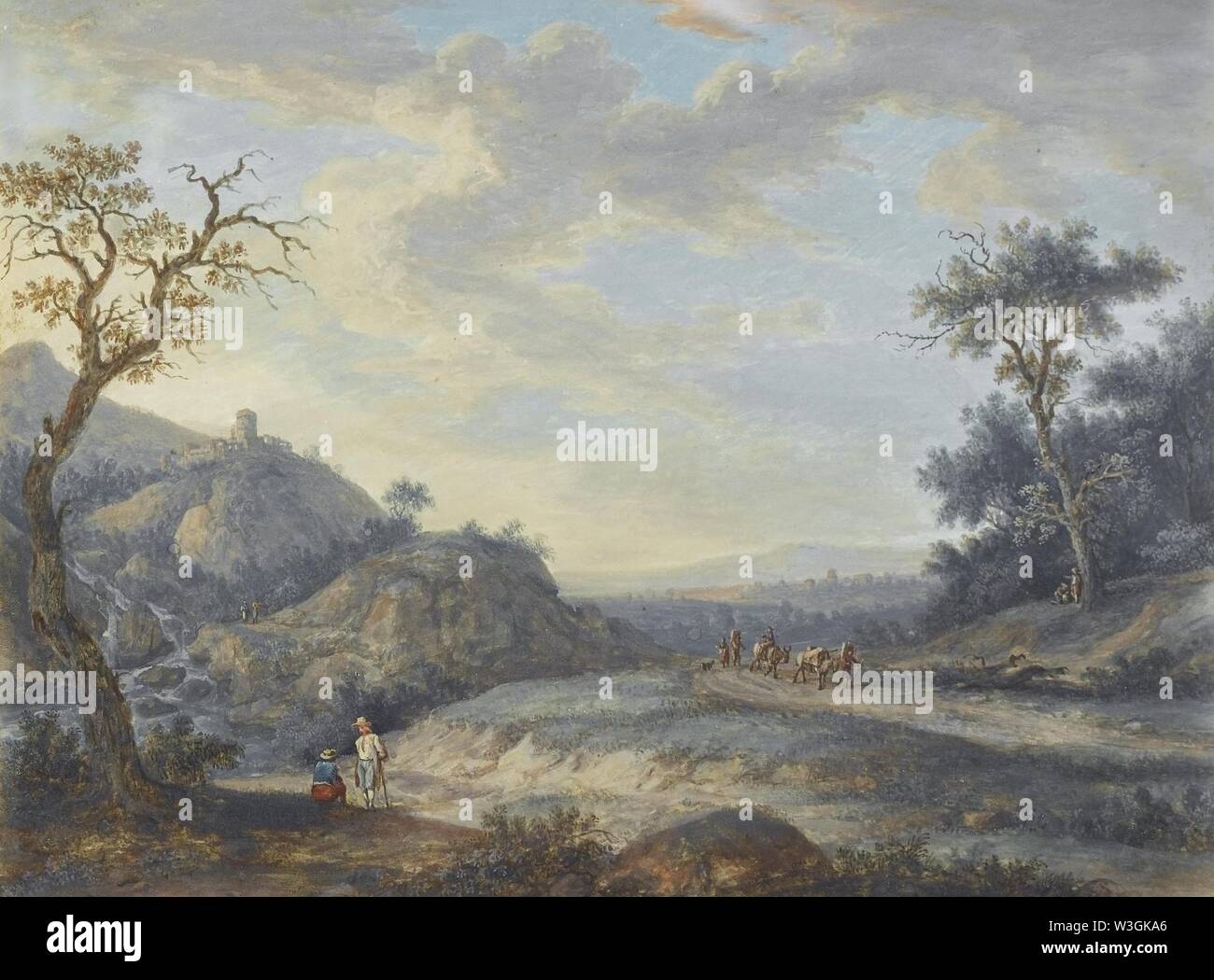 Christoph Ludwig Agricola (zugeschr.) - Eine felsige Flusslandschaft mit Reisenden auf einem Feldweg und Leute ruhend neben einem Wasserfall. Stock Photo