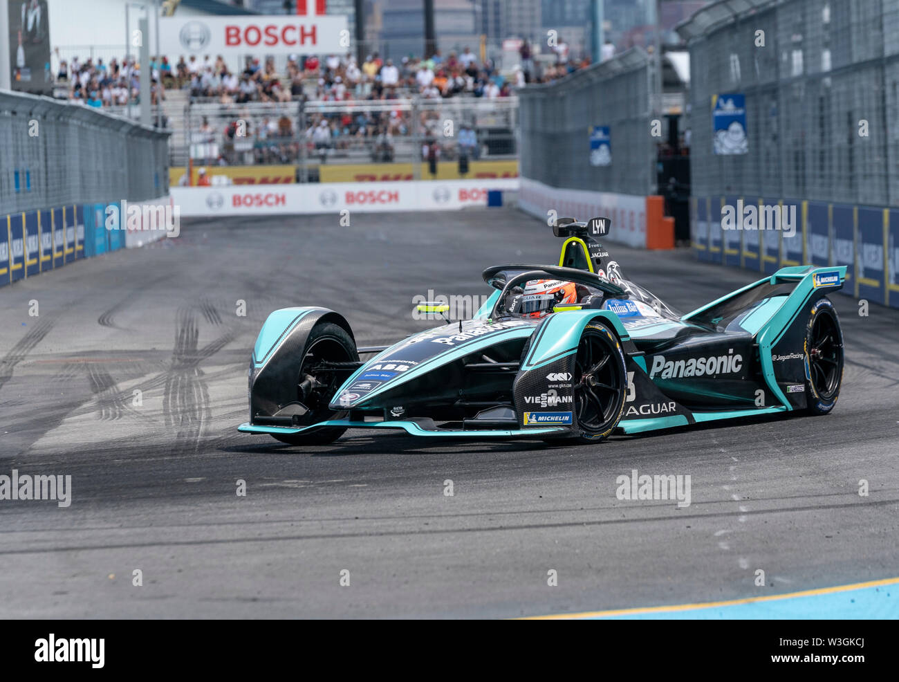 New York, NY - July 14, 2019: Alex Lynn of Panasonic team drives ...