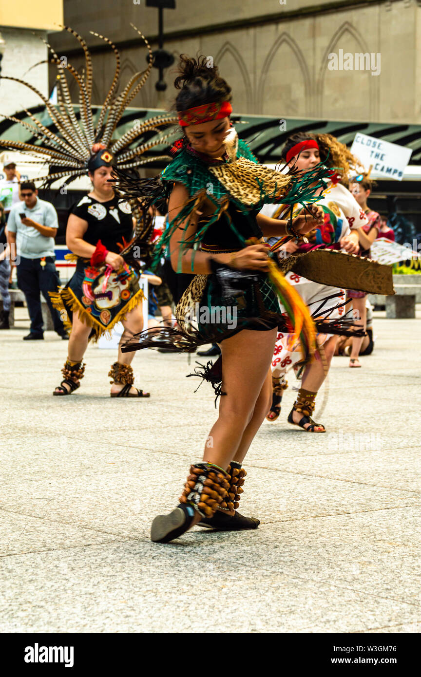 Downtown, Chicago-July 13, 2019: Native Aztec dance performance. Protest against ICE and Border Patrol Detention Centers. Stock Photo