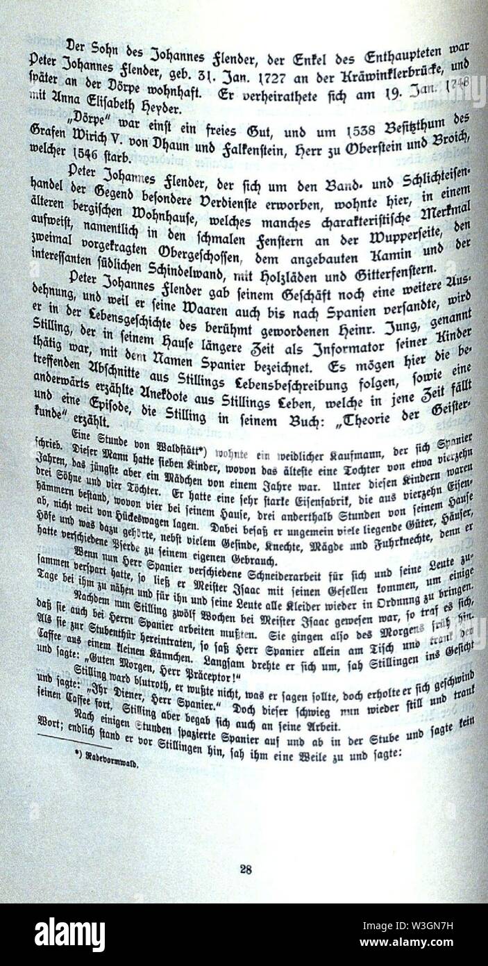 CHRONIK DER FAMILIE FLENDER, Ludwig Voss (Verlag), Düsseldorf 1900, S. 28 (Johann Heinrich Jung, gen. Jung-Stilling, geb. 1740 in Grund im Siegerland, gest. 1817 in Karlsruhe beschreibt Peter Johannes Flender). Stock Photo