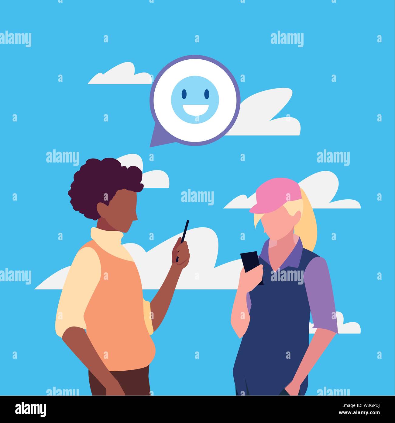 man and woman characters using smartphone vector illustration Stock ...