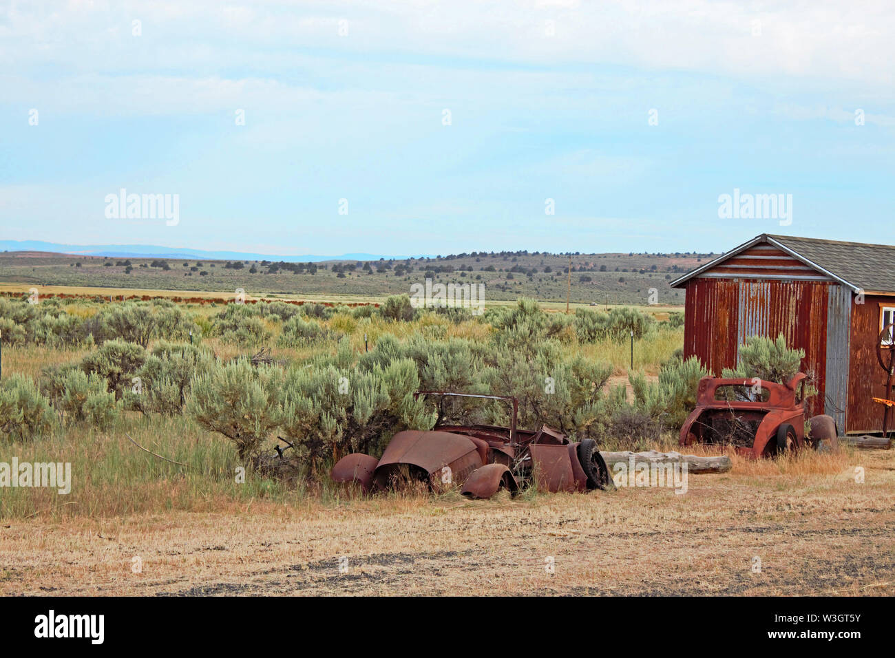 Vintage car bodies rust in the Eastern Oregon desert. Stock Photo