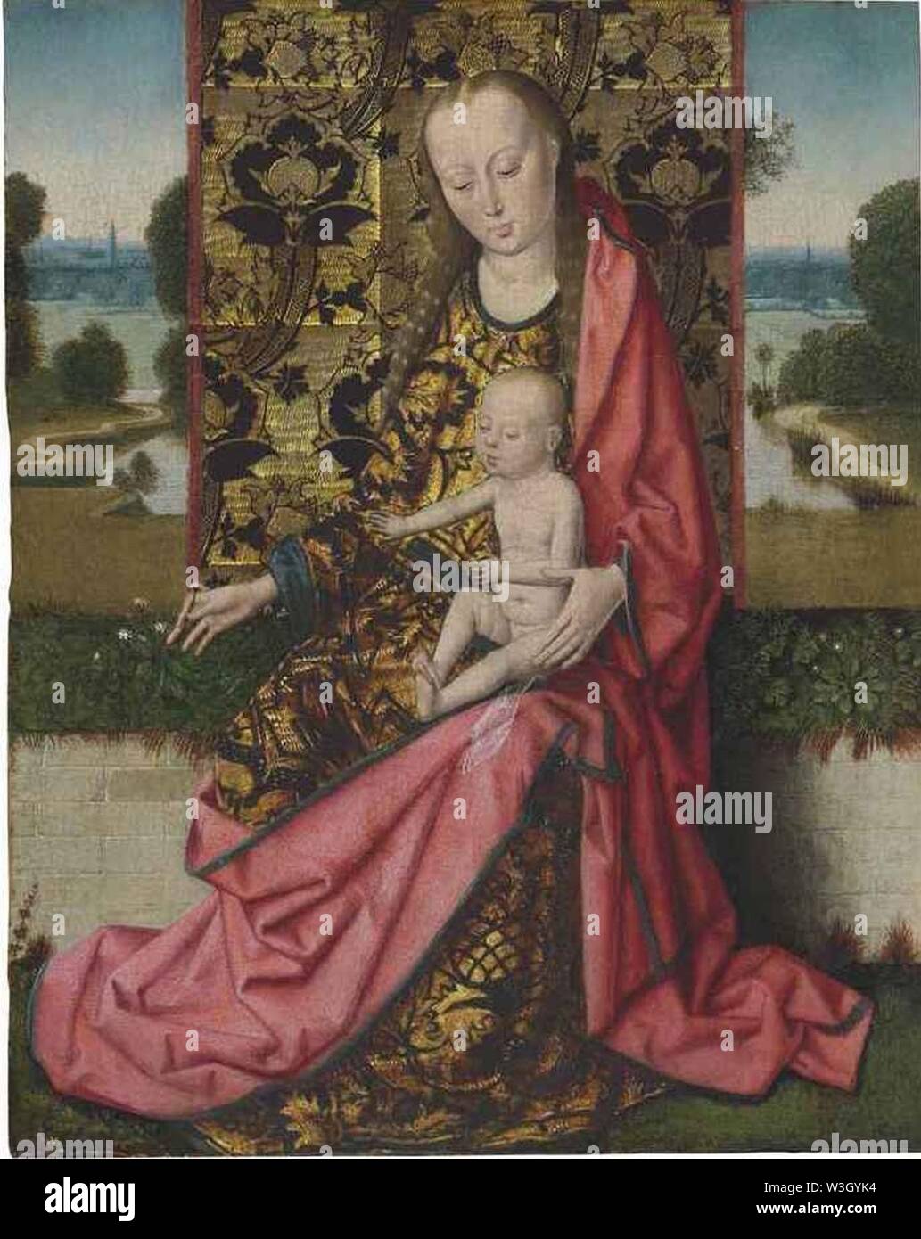 Circle of Dieric Bouts - The Virgin and Child before a Gold Brocaded Throne. Stock Photo