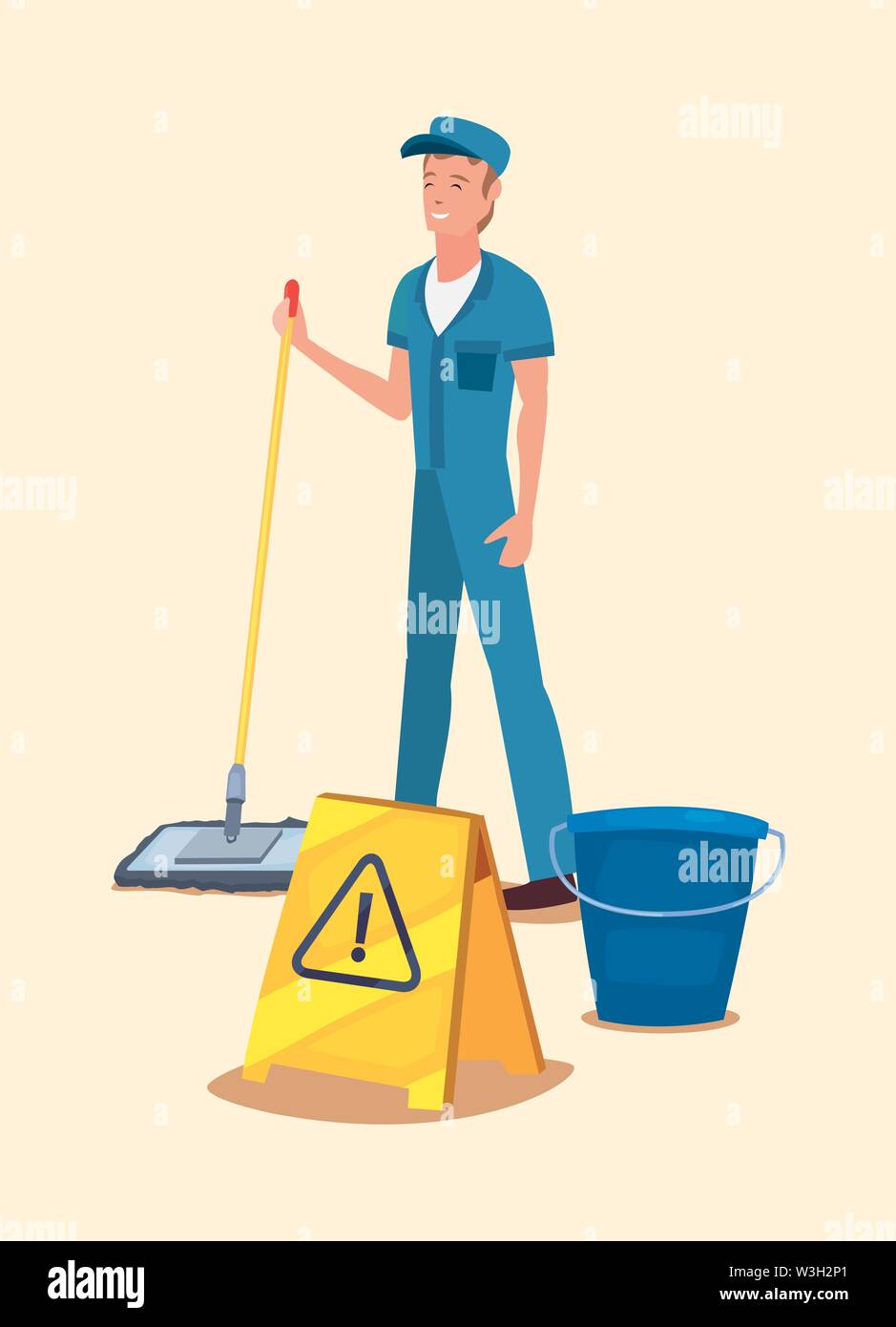 man with bucket broom and warning board cleaning products and supplies ...