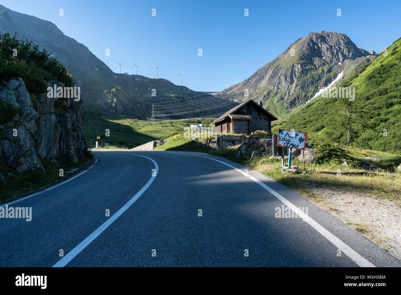 Road up to the summit of Nufenen Pass from Ulrichen village, Switzerland, Alps Stock Photo
