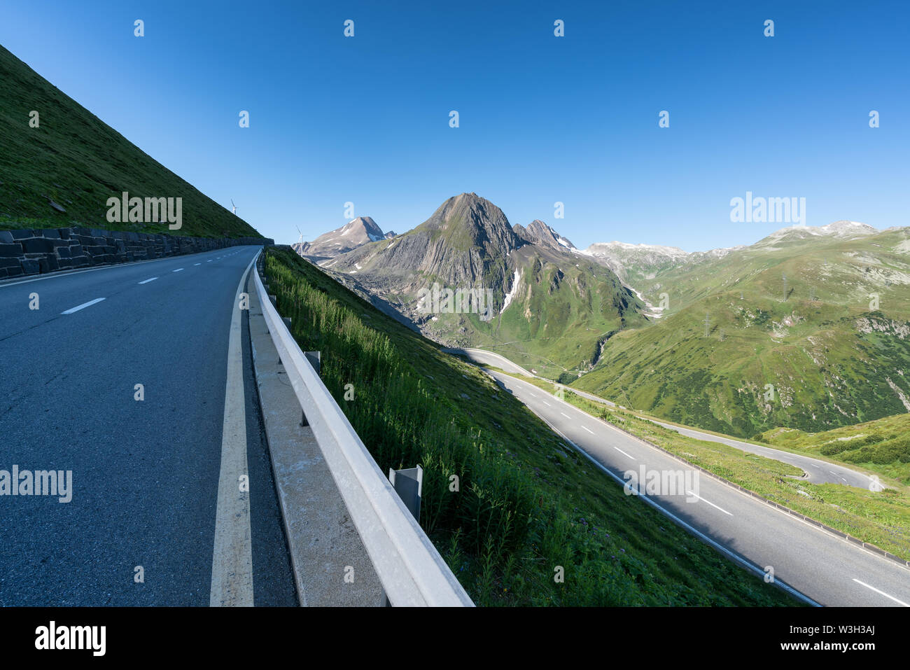 Road up to the summit of Nufenen Pass from Ulrichen village, Switzerland, Alps Stock Photo