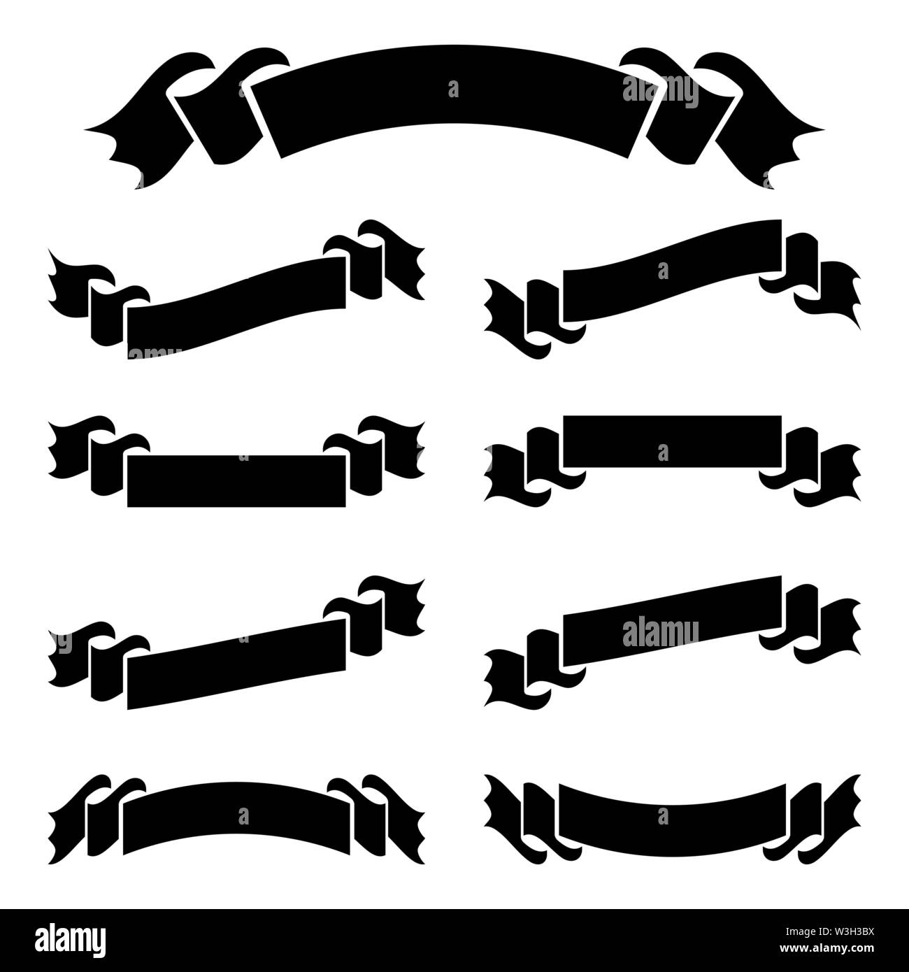 A set of flat black isolated silhouettes of ribbons banners on white ...