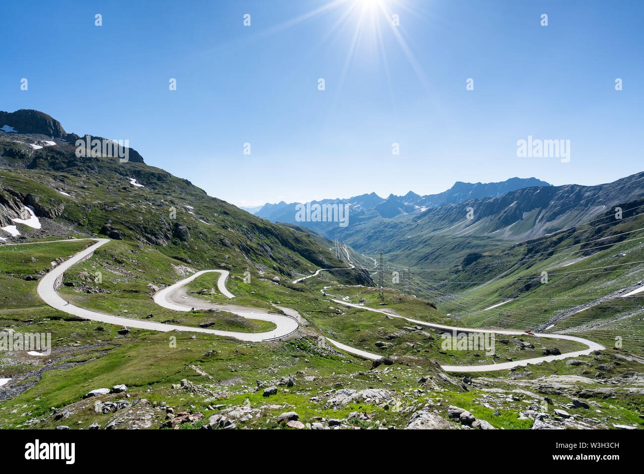 Winding Nufenen Pass road near Airolo, Switzerland, Alps Stock Photo