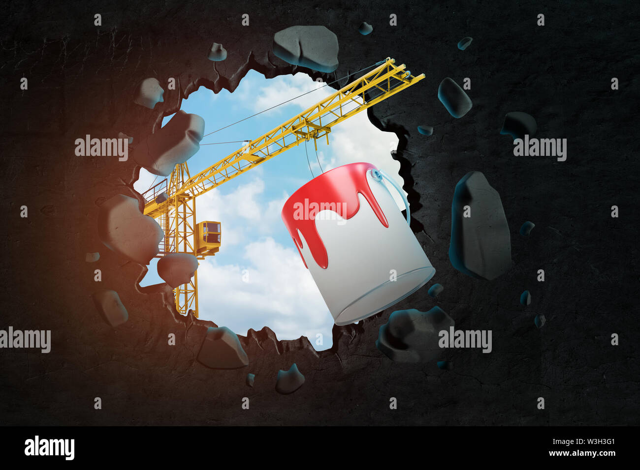 3d rendering of construction crane and red paint bucket breaking black wall Stock Photo