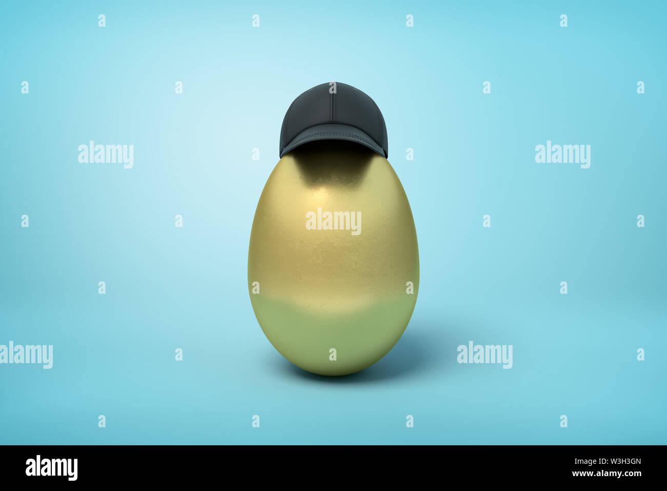 3d rendering of golden chicken egg wearing black baseball cap on light blue background. Stock Photo