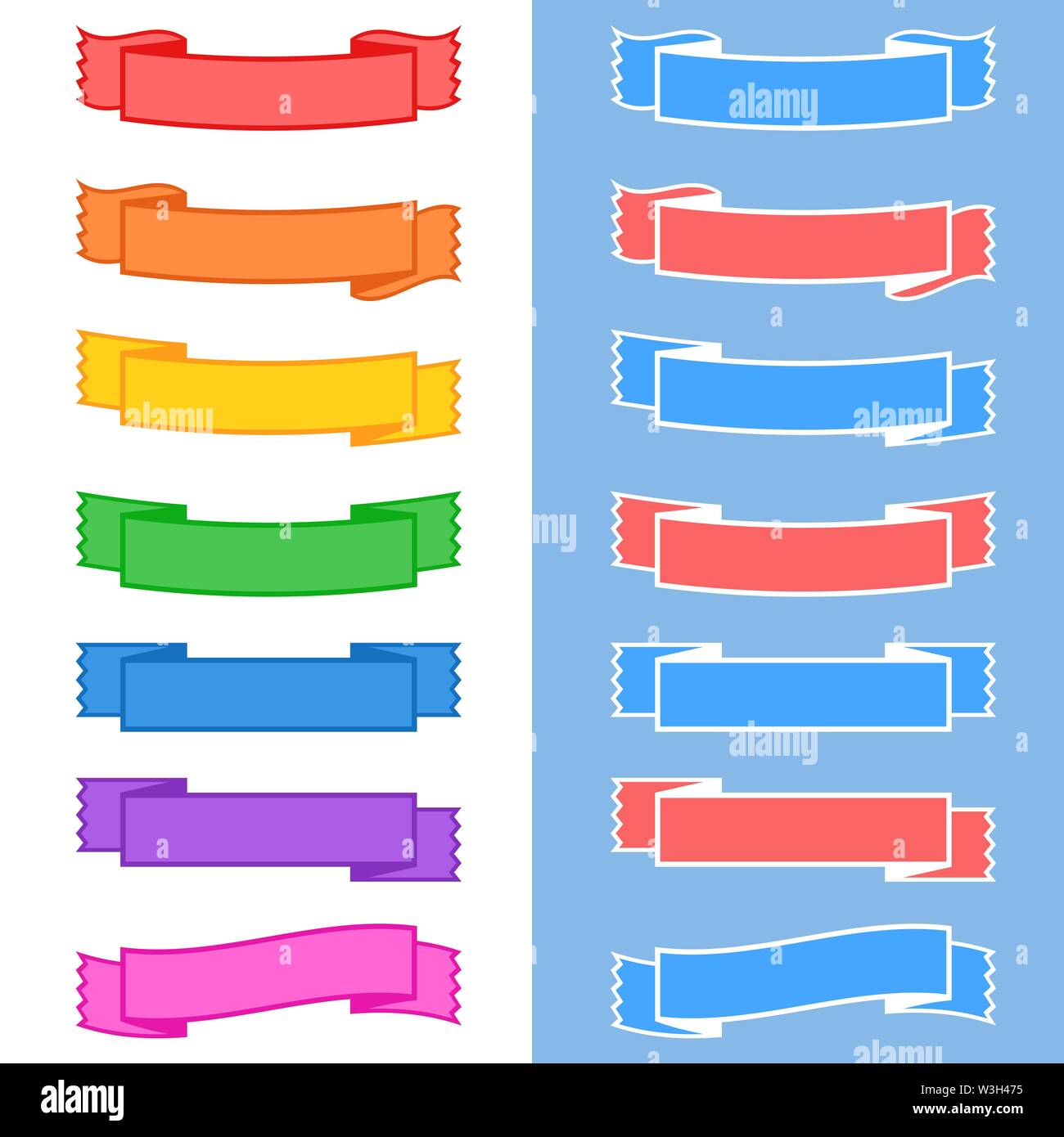 Set of colored isolated banner ribbons on white and blue background ...