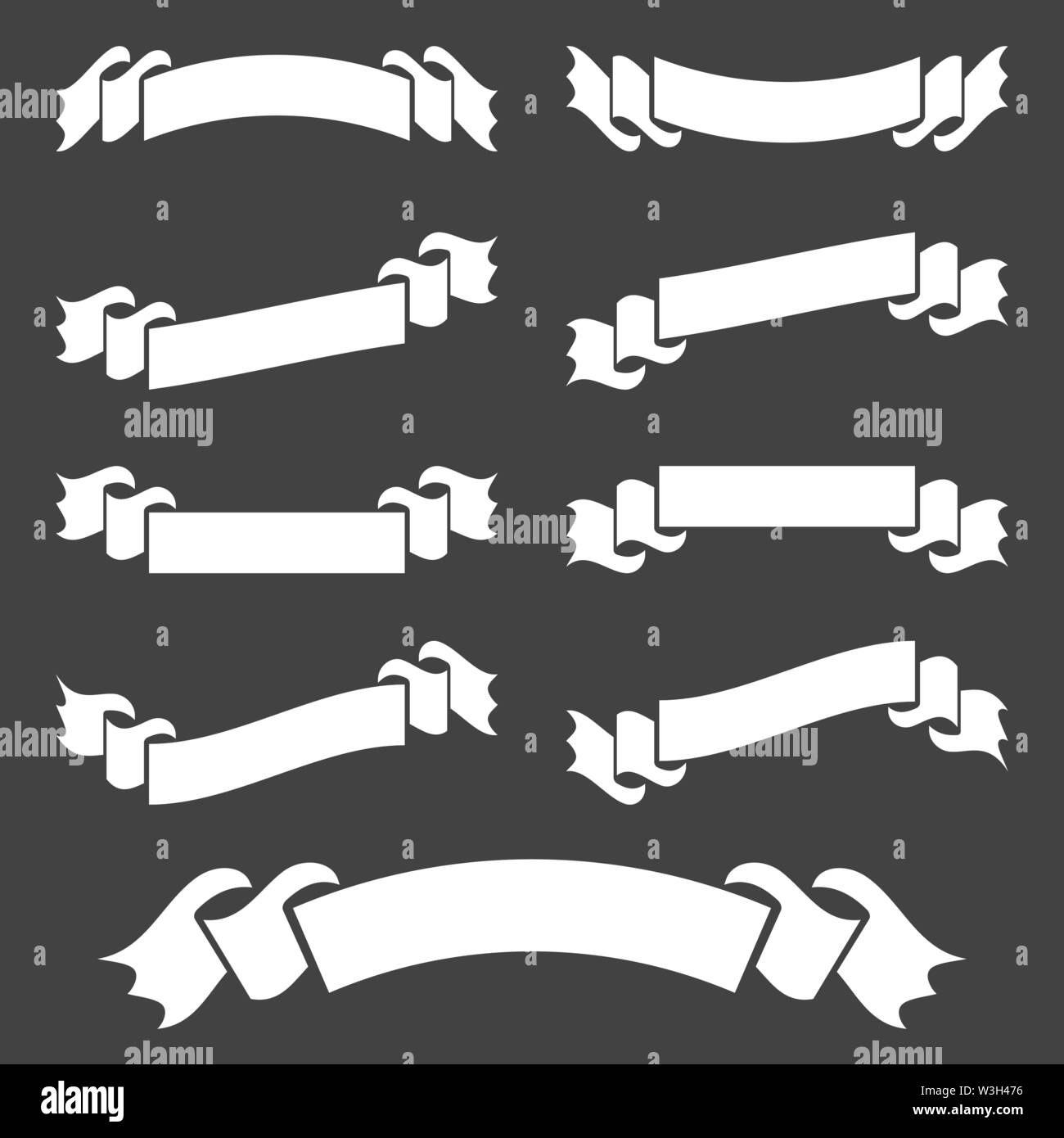 Set of white isolated banner ribbons on black background. Simple flat ...