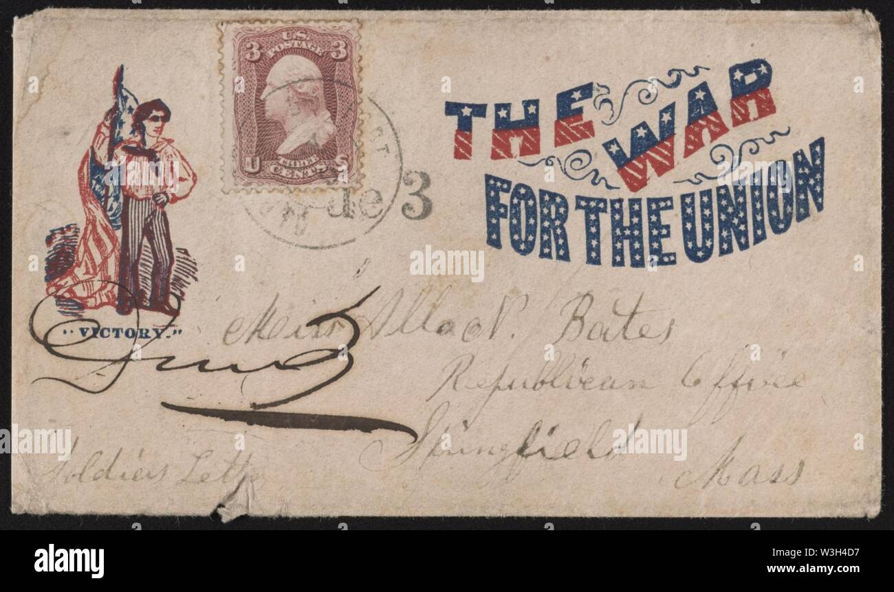 Civil War envelope showing sailor labeled ‘Victory‘ holding American flag, with message ‘The war for the Union‘ Stock Photo