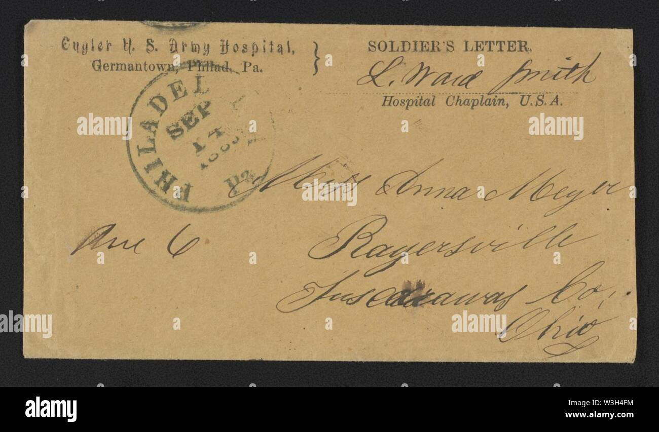 Civil War envelope with message ‘Soldier's letter‘ from Cuyler U.S. Army Hospital, Germantown, Philadelphia, Pennsylvania, signed by L. Ward Smith, Hospital Chaplain Stock Photo