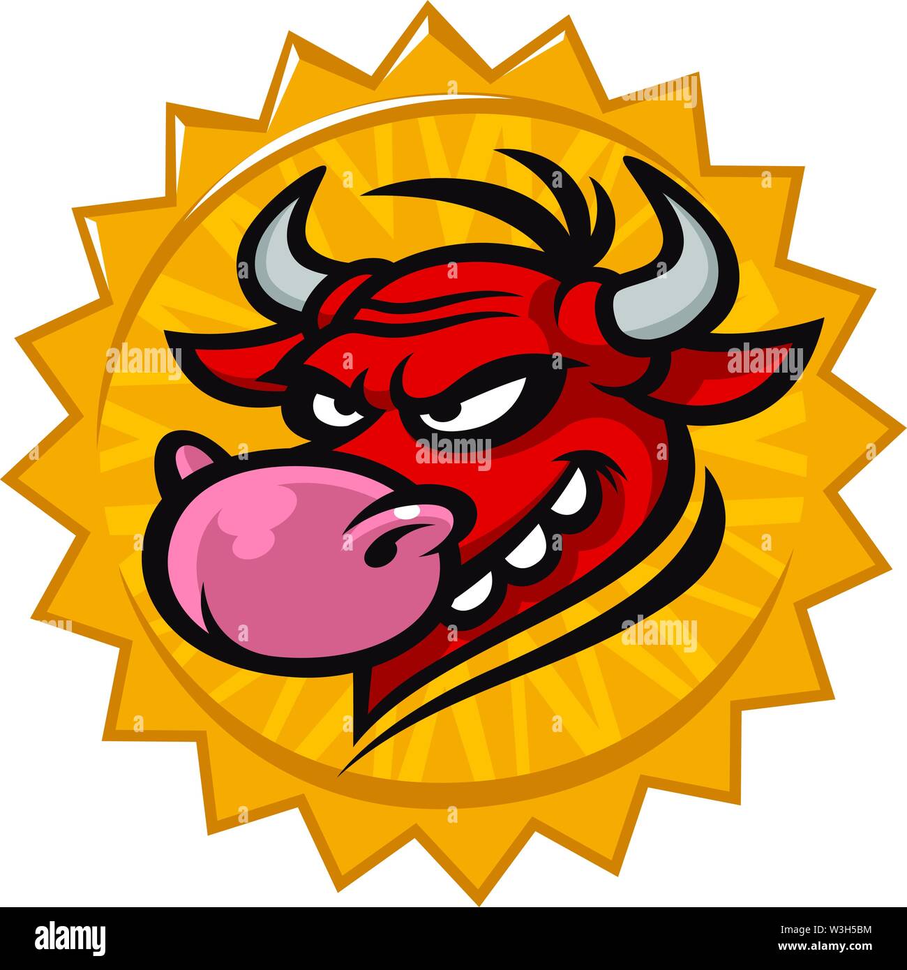 Cartoon head of a bull. Vector illustration of a mascot head. Emblem for printing. A horned cute animal. Image is isolated on white background. Stock Vector