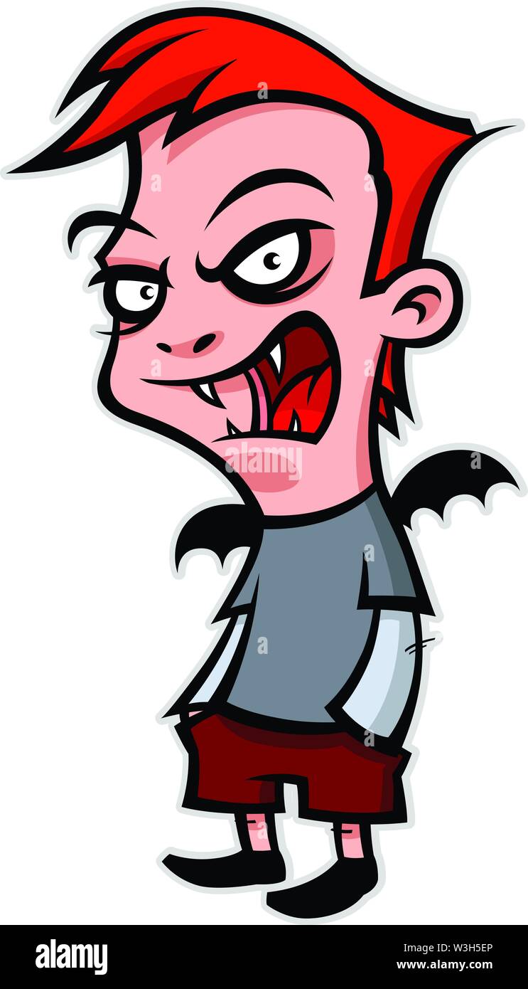 Funny cartoon boy is a vampire. Company character. Vector illustration for any media. Image is isolated on a white background for printing, banner or Stock Vector