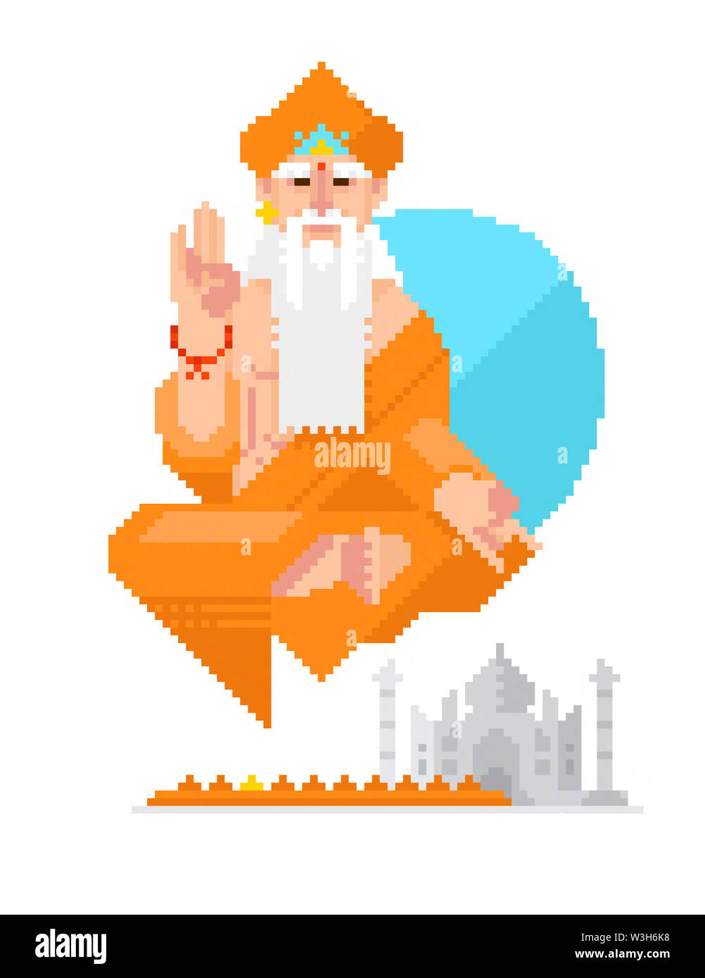 Character in the style of pixel art. Illustration of an Indian monk on a white background in a pixel art technique. Character for the game, print and Stock Photo