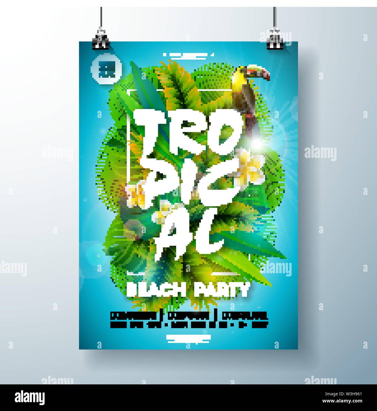 Tropical Summer Beach Party Flyer Design with flower, palm leaves and ...