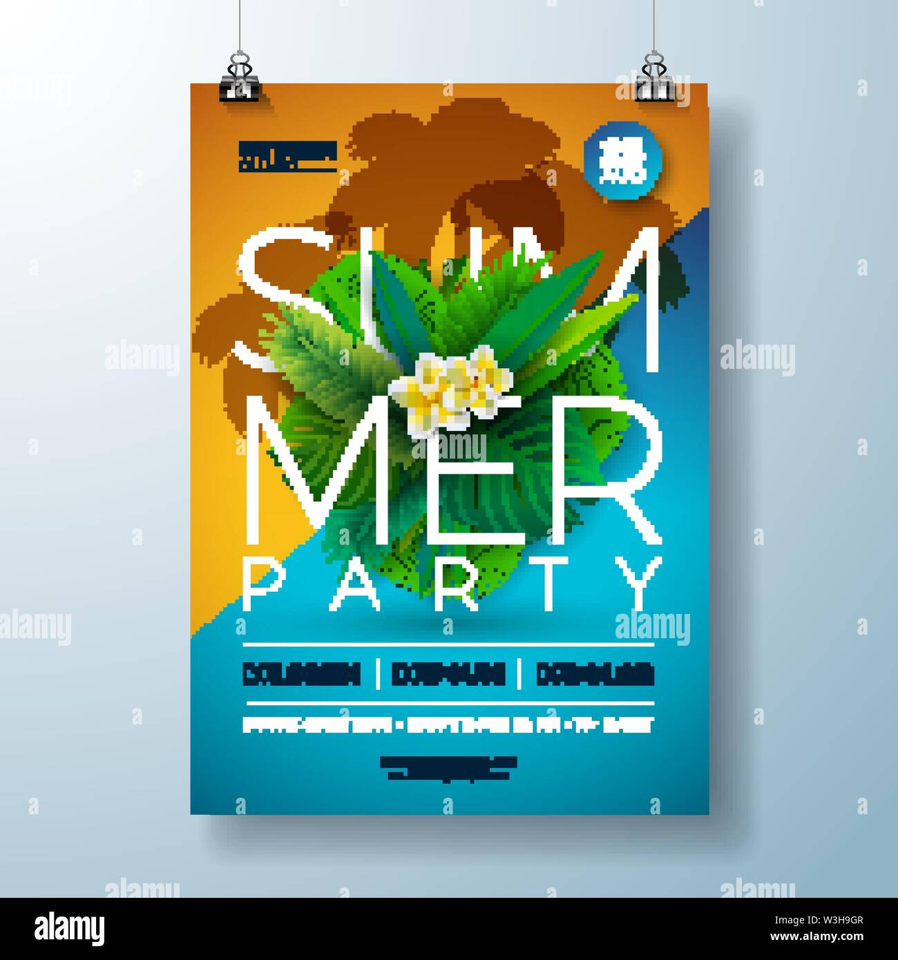 Vector Summer Party Flyer Design with Flower and Tropical Palm Leaves on Blue and Yellow Background. Summer Holiday Celebration Illustration with Stock Vector