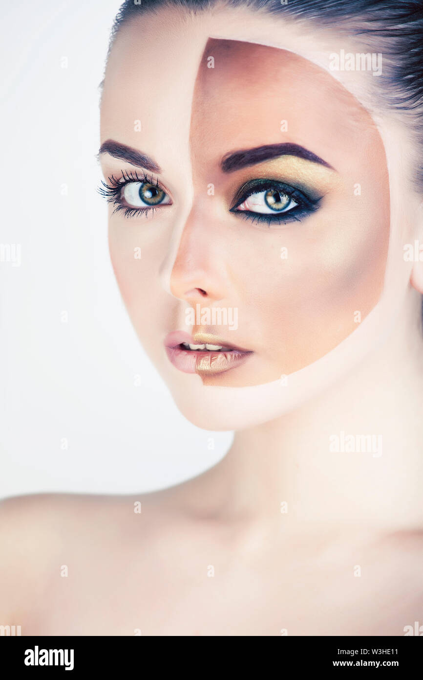 half faced woman before tanning and after close up isolated on white