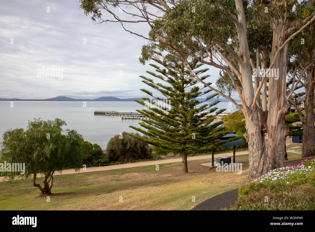 Town of Swansea on the east coast of Tasmania and view of Great Oyster Bay,Tasmania,Australlia Stock Photo